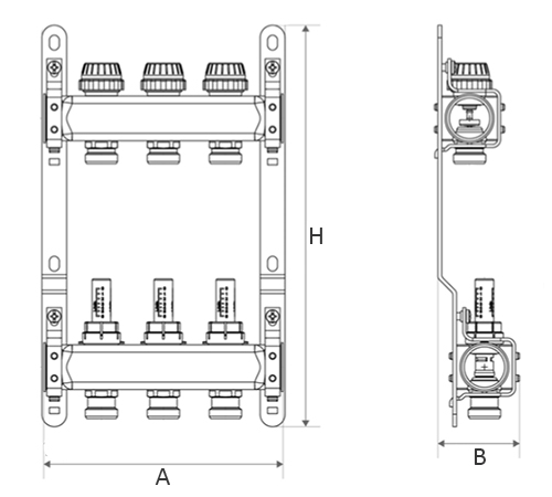 Коллекторная группа Itap 917C 1″x3/4″x3 отводов Ду25x20 Ру6 из нержавеющей стали, с термостатическими вентилями и расходомерами