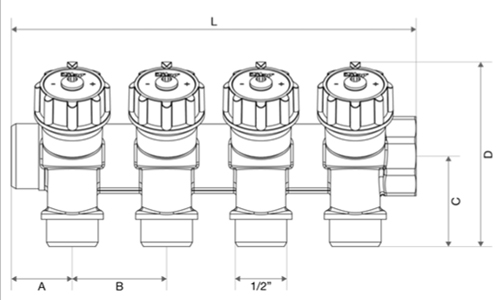 Коллектор Itap 465 3/4″ Ду20 выходов 4x1/2″ Ру10 наружная резьба, с перекрывающими вентилями, корпус никелированная латунь