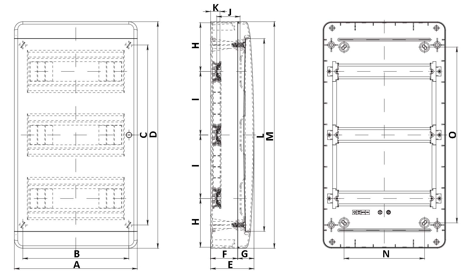 Корпус КЭАЗ OptiBox P BNK 2 36 навесной, количество рядов - 3 шт, количество модулей - 36 шт, материал - пластик, IP41