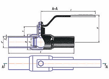 Эскиз Кран шаровой ALSO КШ.П.П.025.40-01 Ду25 Ру40 полнопроходной, двухходовой, углеродистая сталь 20, уплотнение - PTFE, под приварку, ручка-рычаг