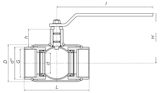 Эскиз габариты и размеры крана шарового ALSO КШ.М.GAS муфтовой стандартнопроходной