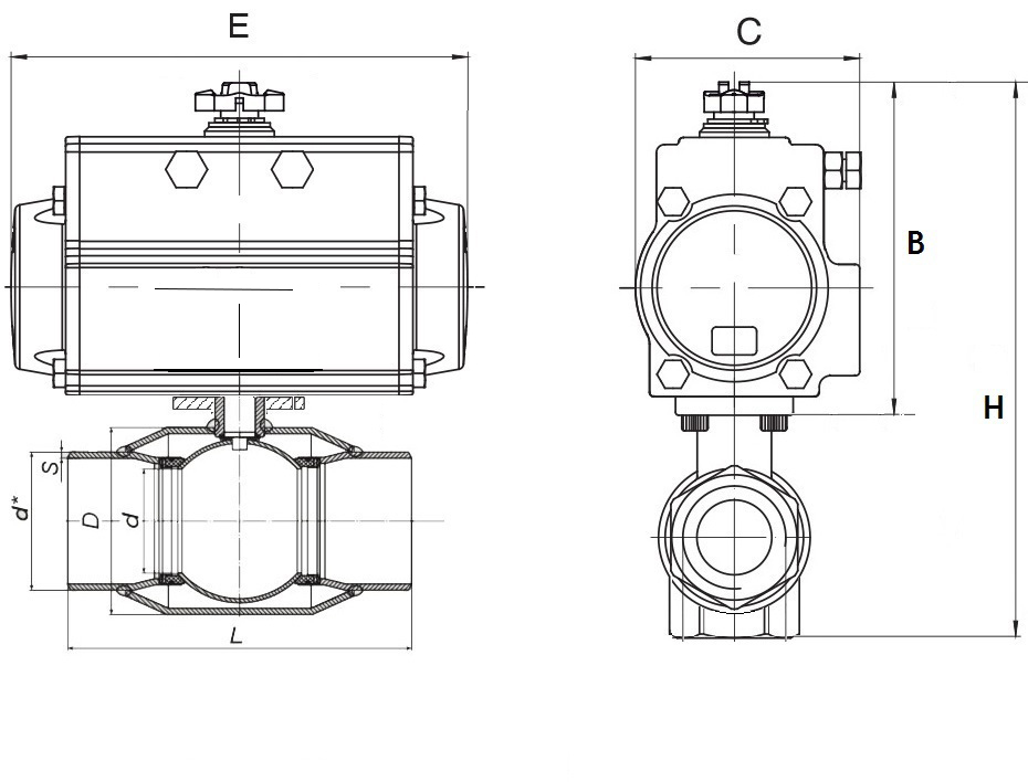 Кран шаровой ALSO КШ.П.П.Р.080.25-01 Ду80 Ру25 полнопроходной, под приварку, корпус - сталь 20, уплотнение - PTFE, управление - пневмопривод DN.ru PA-DA-105