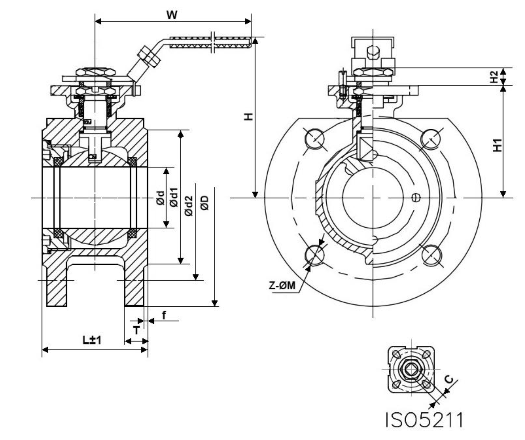 Кран шаровой DN.ru BV3232P-FP-Fb-ISO-H WDVF Ду80 Ру16 полнопроходной, межфланцевый, корпус - нержавеющая сталь 316, уплотнение - PTFE, с ISO-фланцем и рукояткой