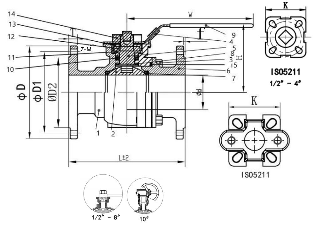 Кран шаровой САГА S-B2Fi200-4 Ду200 Ру16 полнопроходной, двухсоставной, нержавеющая сталь AISI304, уплотнение - PTFE/RPTFE/PPL, фланцевый, рукоятка