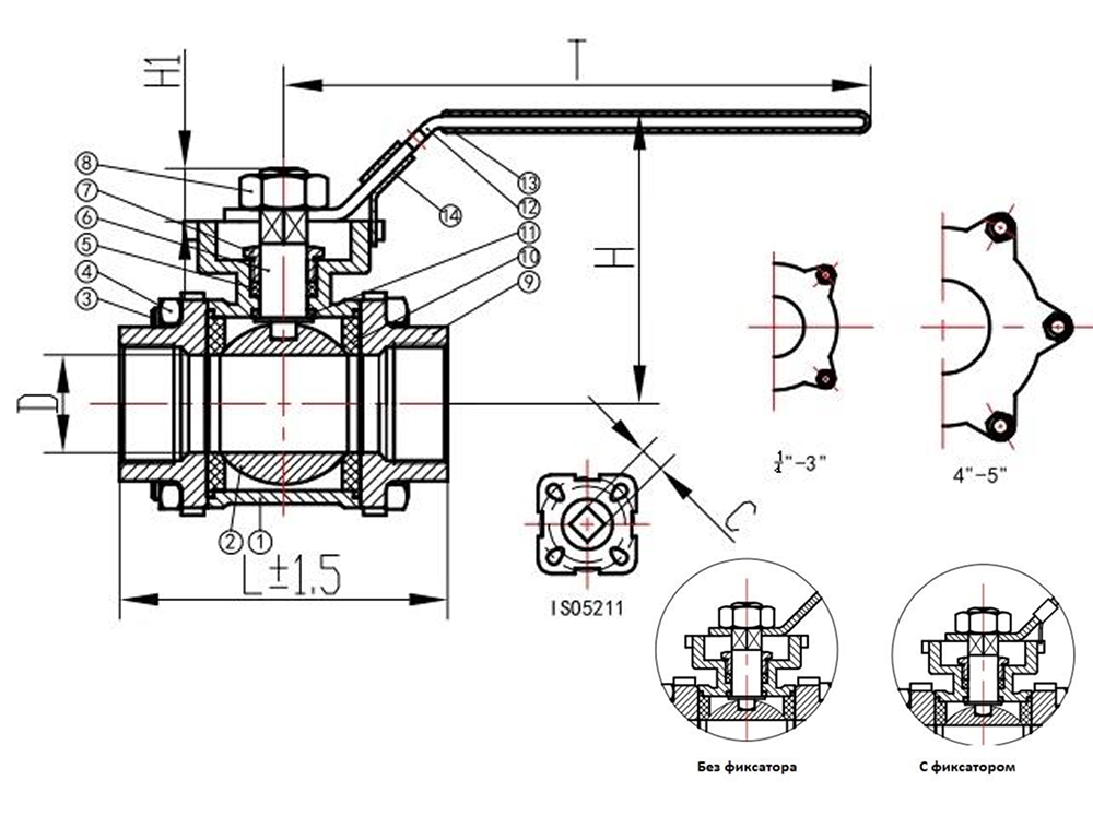 Кран шаровой САГА S-3BMi25-6 Ду25 Ру64 полнопроходной трехсоставной, нержавеющая сталь AISI316, уплотнение - PTFE/RPTFE/PPL, внутренняя резьба, с рукояткой, ISO-фланцем, фиксатором