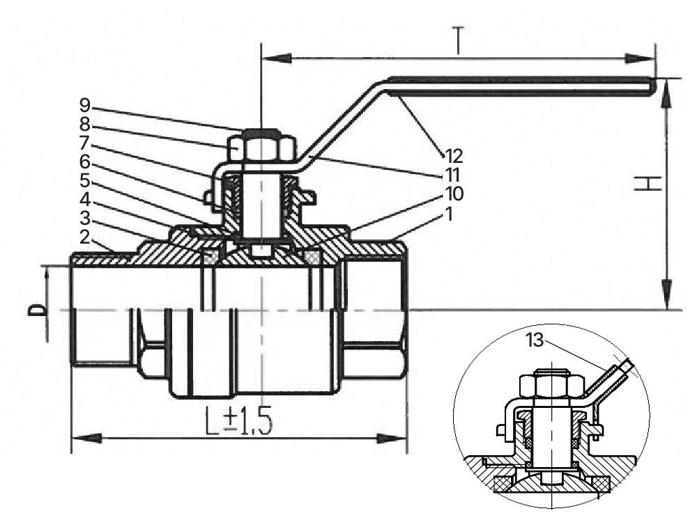 Кран шаровой САГА S-BMfm20-4 Ду20 Ру64 полнопроходной двухсоставной, нержавеющая сталь AISI304, уплотнение - PTFE/RPTFE/PPL, наружная резьба/внутренняя резьба, ручка-рычаг, с фиксатором