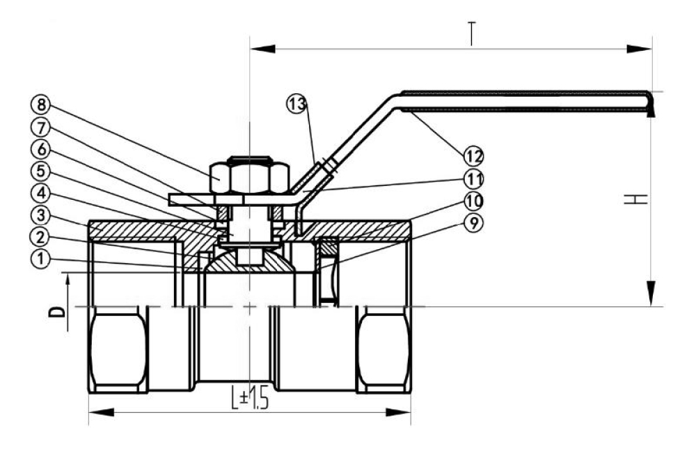 Кран шаровой САГА S-1BM15-4 Ду15 Ру40 стандартнопроходной односоставной, нержавеющая сталь AISI304, уплотнение - PTFE, внутренняя резьба, ручка-рычаг