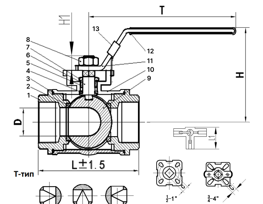 Кран шаровой САГА S-BMTT40-6 Ду40 Ру63 стандартнопроходной трехходовой T-тип разборный, нержавеющая сталь AISI316, уплотнение - PTFE/RPTFE/PPL, внутренняя резьба, ручка-рычаг