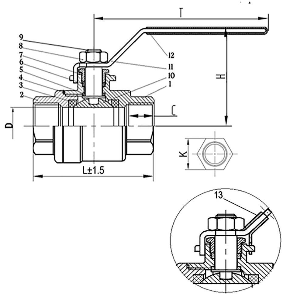 Кран шаровой САГА S-BM8-6 Ду8 Ру64 полнопроходной двухсоставной, нержавеющая сталь AISI316, уплотнение - PTFE/RPTFE/PPL, внутренняя резьба, ручка-рычаг, с фиксатором