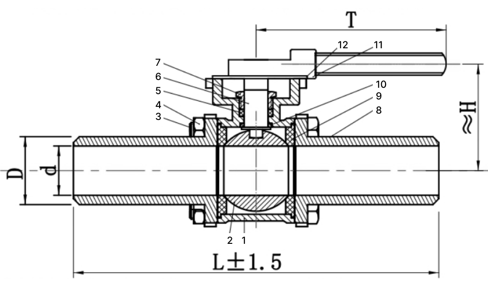 Кран шаровой САГА S-BW125-4 Ду125 Ру16 полнопроходной трехсоставной, нержавеющая сталь AISI304, уплотнение - PTFE, под приварку, с ISO-фланцем