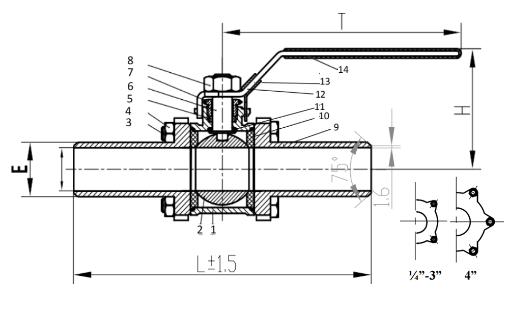 Кран шаровой САГА S-BW15-4 Ду15 Ру64 полнопроходной трехсоставной, нержавеющая сталь AISI304, уплотнение - PTFE, под приварку, рукоятка