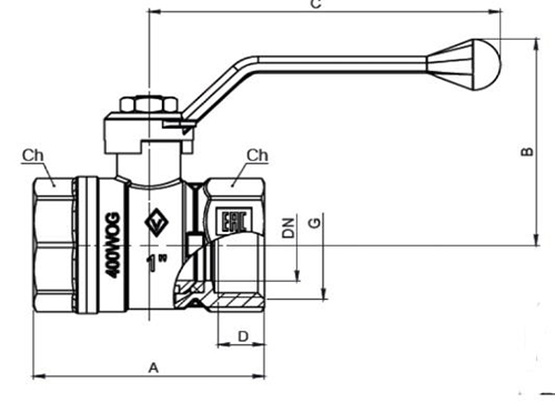 Кран шаровой BUGATTI Arizona 600 1/2” Ду15 Ру40 стандартнопроходной муфтовый для воды, латунный, внутренняя/внутренняя резьба, управление ручка-рычаг