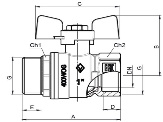 Кран шаровой BUGATTI Arizona 607 1” Ду25 Ру25 стандартнопроходной муфтовый для воды, латунный, внутренняя/наружная резьба, управление ручка-бабочка