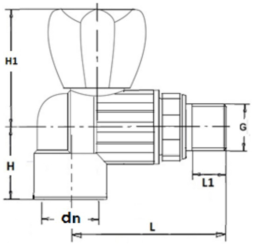 Кран шаровой для радиатора Политэк 999902 25х1/2″ Дн25x15 Ру25 угловой стандартнопроходной, PP-R, под приварку/наружная резьба, управление кран-букса
