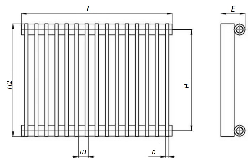 Радиатор стальной трубчатый КЗТО Параллели В1 1380 Вт 25 секций, высота 750 мм настенный, присоединение резьбовое - 1/2″, подключение - нижнее справа, белый