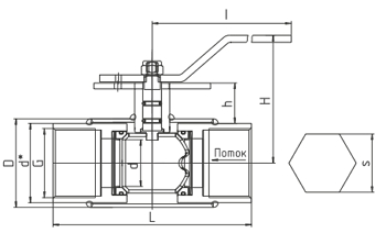 Эскиз Кран шаровой LD 4″ Ду100 Ру25 резьбовой стальной стандартный проход КШ.Ц.М.100/080.025.Н/П.02