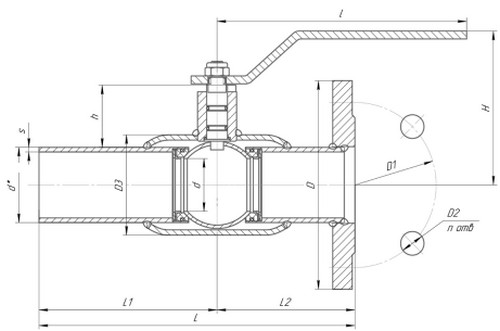 Кран шаровой LD КШЦК 6″х125 Ду150x125 Ру25 цельносварной, стандартнопроходной, уплотнение - PTFE, двухходовой, углеродистая сталь 20, фланцевое / под приварку, ручка-рычаг