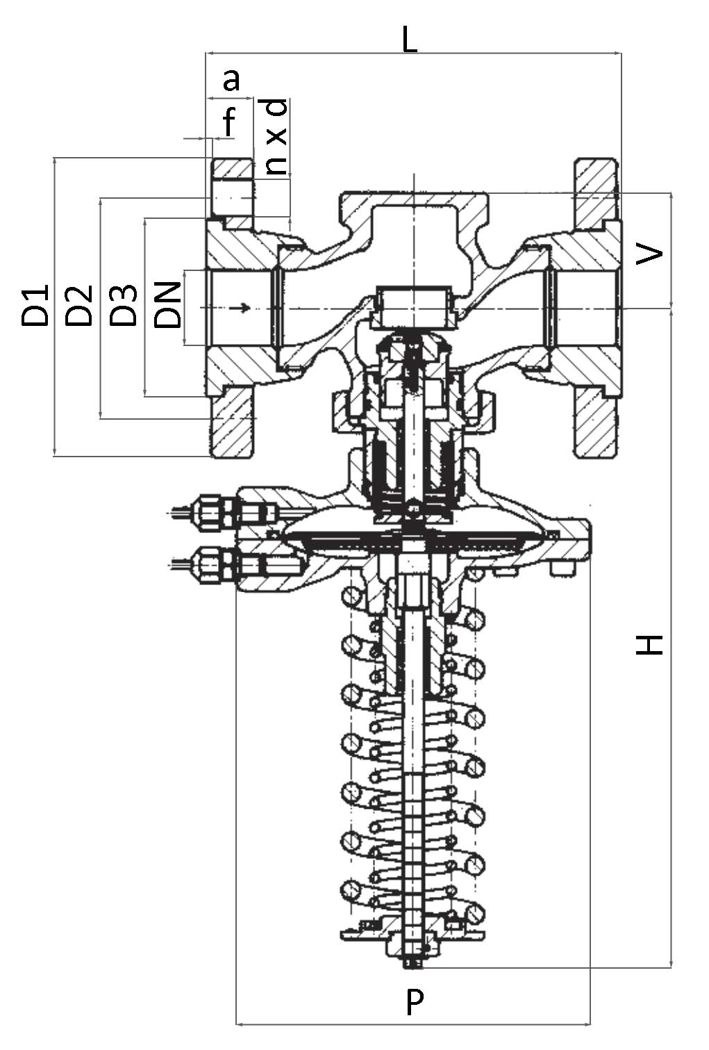 Регулятор перепада давления LDM RD122D Ду15 Ру25 Kvs1.6 прямого действия, корпус - чугун, фланцевый, Tmax до 150°С, диапазон настройки 24 (60-400 кПа)
