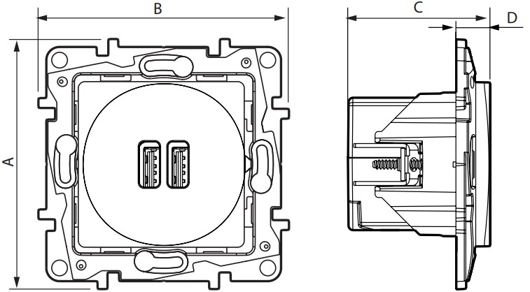 Розетки Legrand Etika USB 2-местные для скрытой установки 2 порта 240В/5В 2400мА, механизм, белые