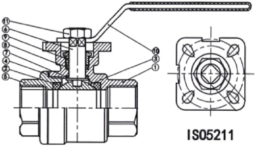 Кран шаровой Lotar LTR-TAp20/4 3/4″ Ду20 Ру64 полнопроходной, двухсоставной, резьбовой, ISO5211, внутренняя резьба, корпус - нержавеющая сталь AISI 304 (CF8), уплотнение - PTFE, управление - рукоятка-рычаг