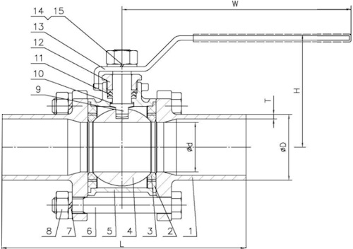 Кран шаровой Lotar LTR-TE0A/6 Ду100 Ру25 полнопроходной, трехсоставной, приварной, корпус - нержавеющая сталь AISI 316 (CF8M), уплотнение - PTFE, управление - рукоятка-рычаг