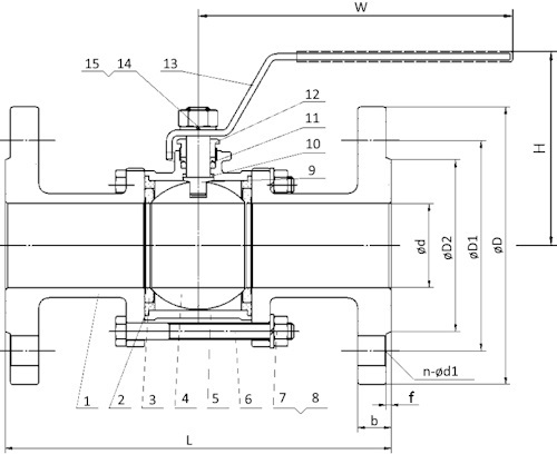 Кран шаровой Lotar LTR-TF50/4 Ду50 Ру40 полнопроходной, трехсоставной, фланцевый, корпус - нержавеющая сталь AISI 304 (CF8), уплотнение - PTFE, управление - рукоятка-рычаг