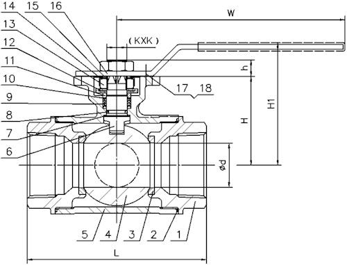 Кран шаровой Lotar LTR-TT10/4 3/8″ Ду10 Ру64 стандартнопроходной, трехходовой, резьбовой, внутренняя резьба, корпус - нержавеющая сталь AISI 304 (CF8), уплотнение - PTFE, управление - рукоятка-рычаг