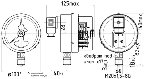 Манометр ФИЗТЕХ ДМ2010ф 0-6 МПа d.100 класс  точности  1,5, резьбовое соединение  М20х1.5, степень защиты корпуса IP40, электроконтактный, с сигнализирующим устройством тип V, радиальное присоединение