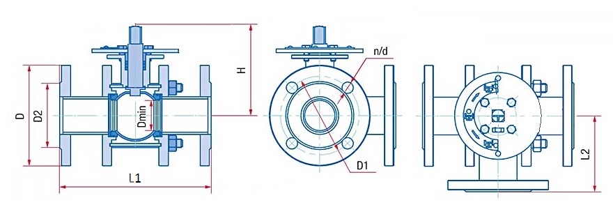 Кран шаровый разборный трехходовой тип Г КШТГ Ду15 -200 Ру16 фланцевый полнопроходной Маршал под привод