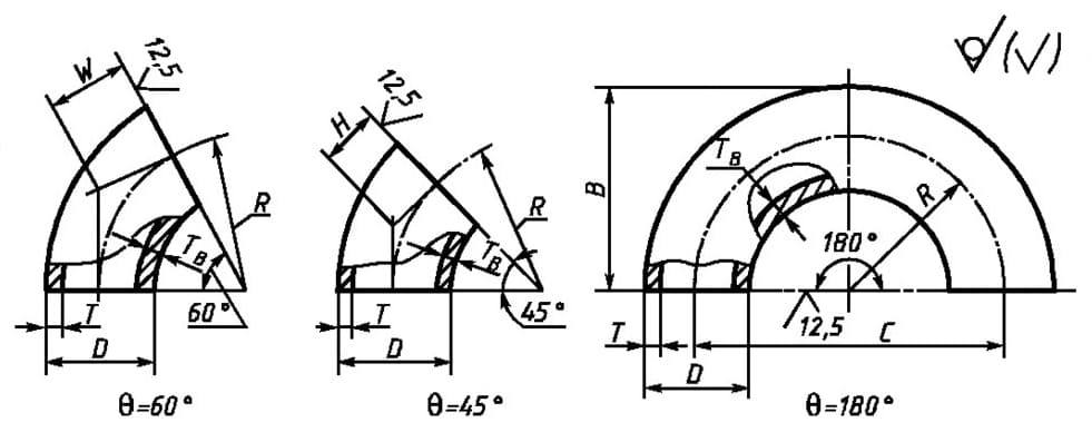 Конструкция и размеры отводов 45-180 градусов 