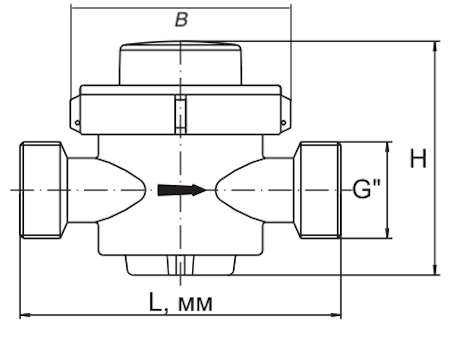 Счетчик х/г воды крыльчатый одноструйный ЭКОМЕРА ЭРОУ В/К  Ду15 Ру16, резьбовой, до 90°С, L=80мм, с обратным клапаном и КМЧ