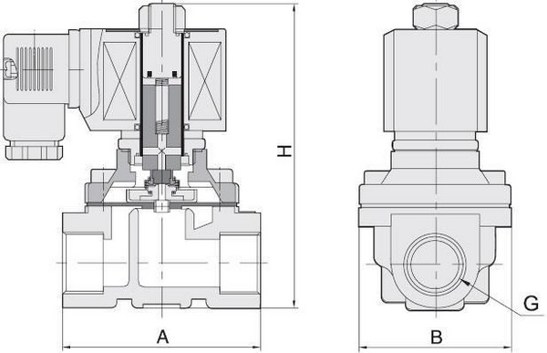 Эскиз Клапан электромагнитный Smart SM-5563 3/8″ Ду10 Ру10 резьбовой, прямого действия, нормально закрытый, стальной, уплотнение FKM, AC 110V