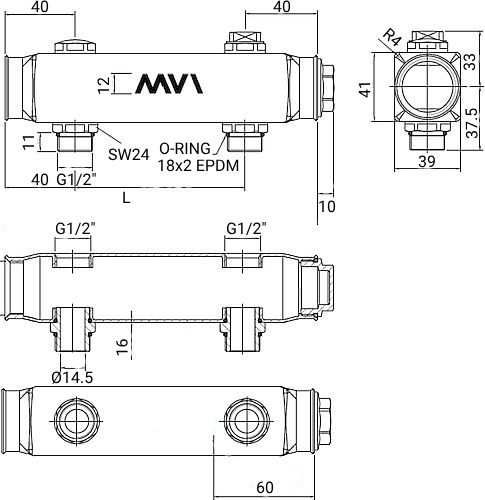 Коллекторная балка MVI ML.4 Ду25 Ру16 6 выходов - наружная резьба 1/2″, присоединение - внутренняя/наружная резьба 1″x1/2″, межосевое расстояние - 100 мм, корпус - нержавеющая сталь