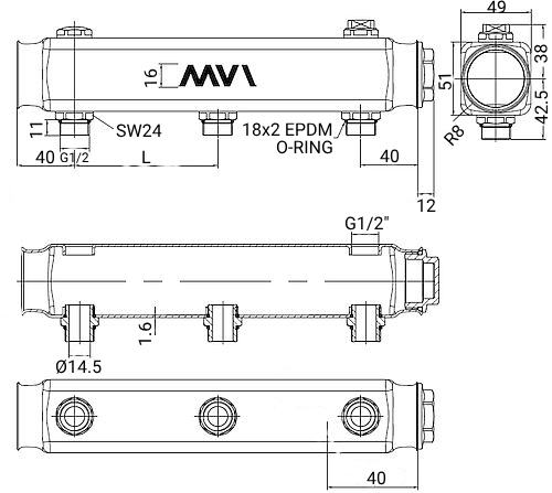 Коллекторная балка MVI ML.4 Ду32 Ру16 4 выхода - наружная резьба 1/2″, присоединение - внутренняя/наружная резьба 1 1/4″x1/2″, межосевое расстояние - 100 мм, корпус - нержавеющая сталь