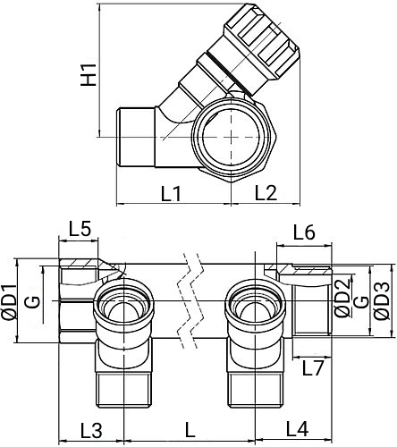 Коллектор MVI MM.4 Ду20 Ру10 с регулирующими вентилями, 2 выхода – наружная резьба 3/4″, присоединение – внутренняя/наружная резьба 1″, межосевое расстояние – 40 мм, корпус – латунь