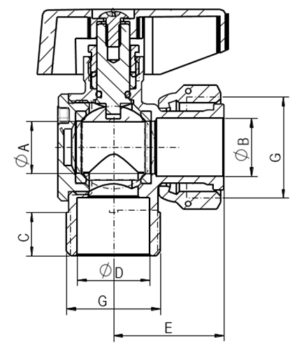 Кран шаровой MVI BV.53 3/4″ Ду20 латунный никелированный, внутренняя / наружная резьба, угловой с накидной гайкой, управление ручка-бабочка