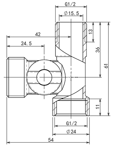 Кран-тройник MVI BV.462 1/2x3/4x1/2″ Ду15х20х15 Ру10 латунный никелированный, внутренняя / наружная / наружная резьба, для сантехнических приборов
