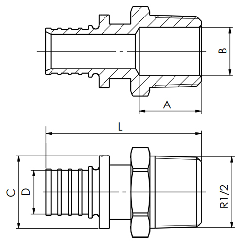 Муфта аксиальная MVI Дн16x1/2″ Ру16 наружная резьба, корпус - латунь никелированная, для труб из сшитого полиэтилена