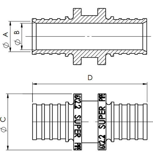 Муфта аксиальная MVI Дн16x16 Ру16 равносторонняя, корпус - латунь, для труб из сшитого полиэтилена