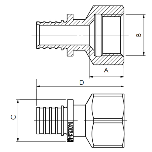 Муфта аксиальная MVI Дн16x3/4″ Ру16 внутренняя резьба, корпус - латунь никелированная, для труб из сшитого полиэтилена