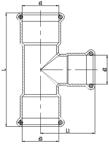 Тройник MVI SS.541 Ду22x18x22 Ру16 переходной, корпус - нержавеющая сталь, присоединение - пресс