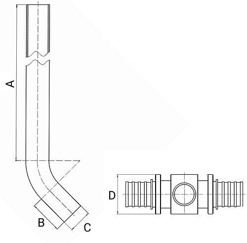 Трубка MVI SF.651 Дн16 Ру25 аксиальная, Т-образная, приборная, с накидной гайкой, для PE-X труб, материал корпуса – латунь, покрытие – никель, длина – 250 мм