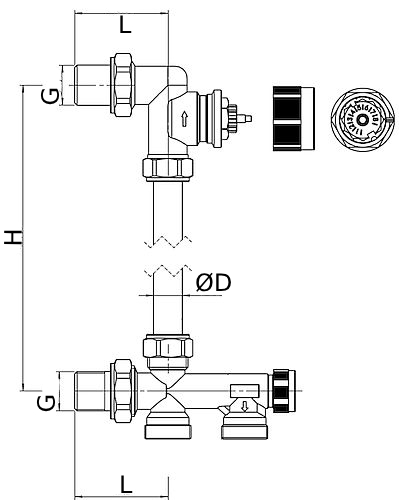 Узлы бокового подключения MVI CTS.714 Ду15x20 Ру10 1/2x3/4″ для радиатора, с переходом на евроконус, материал корпуса – латунь