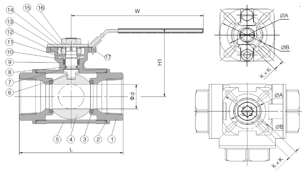 Кран шаровой NewKey NK-BTt/6 3/4″ Ду20 Ру64 T-тип, стандартнопроходной, трехходовой, внутренняя резьба, корпус – нержавеющая сталь AISI316 (CF8M)
