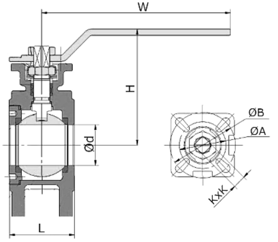 Краны шаровые NewKey NK-BIFp/6 4″ Ду100 Ру16 полнопроходные односоставные межфланцевые, корпус - нержавеющая сталь AISI316, с ISO-фланцем под привод, управление рукоятка-рычаг