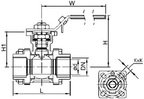 Краны шаровые NewKey NK-BMTp/4 1/2″-2 1/2″ Ду15-65 Ру25-64 полнопроходные трехсоставные, присоединение внутренняя резьба, корпус - нержавеющая сталь AISI304, под привод, управление рукоятка-рычаг