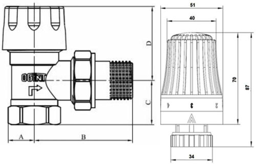 Комплект термостатический 3 в 1 для бокового подключения радиатора Ogint 1/2″ Ду15 Ру10 6-28 °C угловой, для двухтрубной системы отопления, корпус - латунь, присоединение - накидная гайка