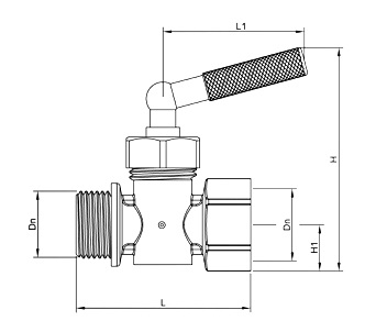 Эскиз Кран для манометра трехходовой OR 1807 Ду15 Ру16 латунный, внутренняя/наружная резьба G1/2″ ручка-рычаг без фланца (1807.015)