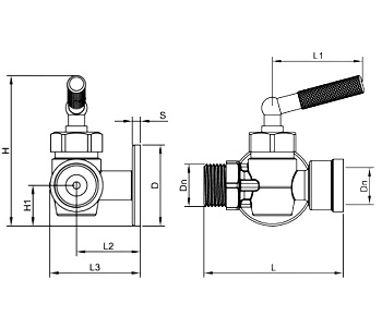 Эскиз Кран для манометра трехходовой OR 1808 Ду15 Ру16 латунный, внутренняя/наружная резьба G1/2″ ручка-рычаг с фланцем (1808.015)