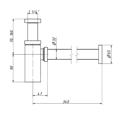 Сифон для умывальника Орио CB-405 1 1/4″x32 бутылочный, без выпуска, с прямой трубой диаметром 32 мм, цвет - бронза